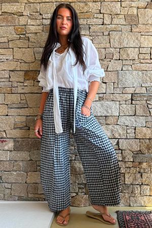 Nonni Gingham Relaxed Barrel Pant Navy